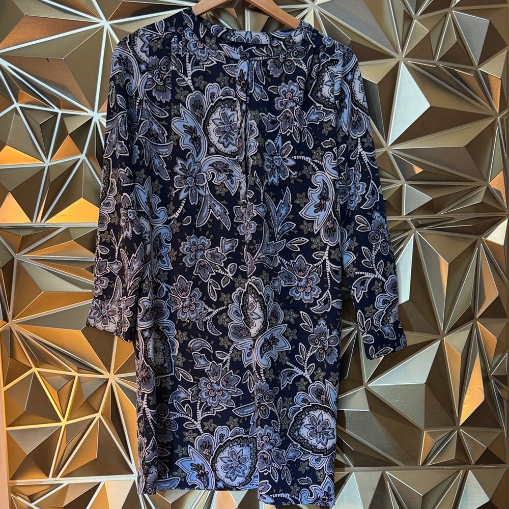 Loft Outlet Petite Navy Blue Paisley Floral Shift Dress Long Sleeve MP